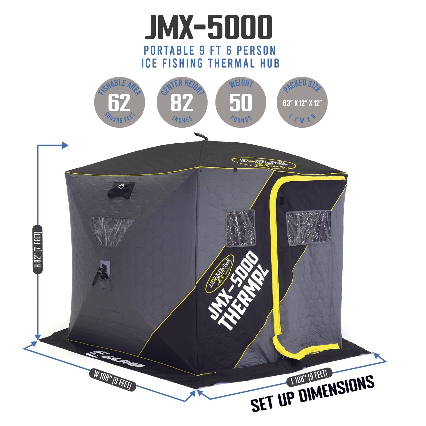 CLAM Jason Mitchell X5000 Portable 9 Ft 6 Person Ice Fishing Thermal Hub Shelter - 320780