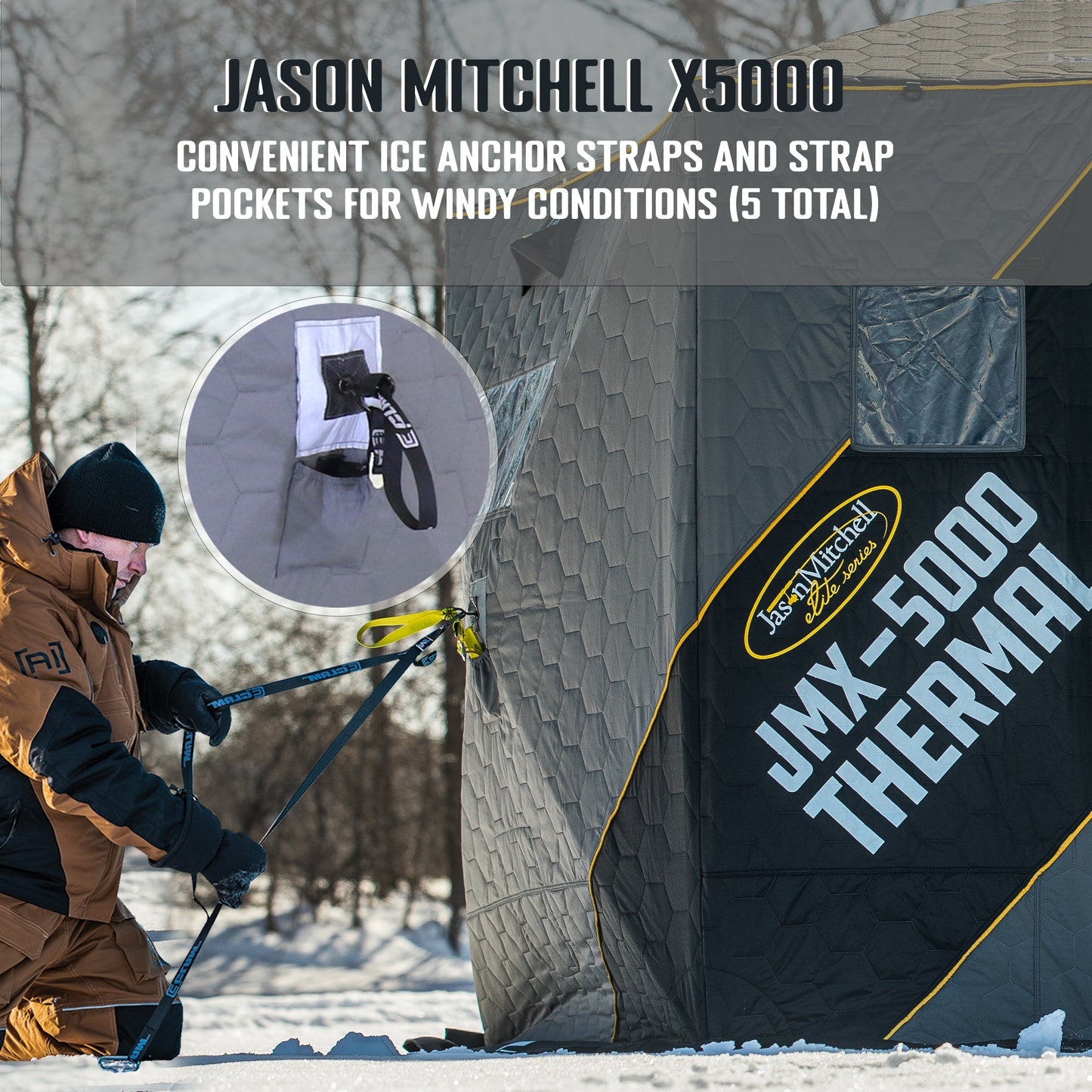 CLAM Jason Mitchell X5000 Portable 9 Ft 6 Person Ice Fishing Thermal Hub Shelter - 320780