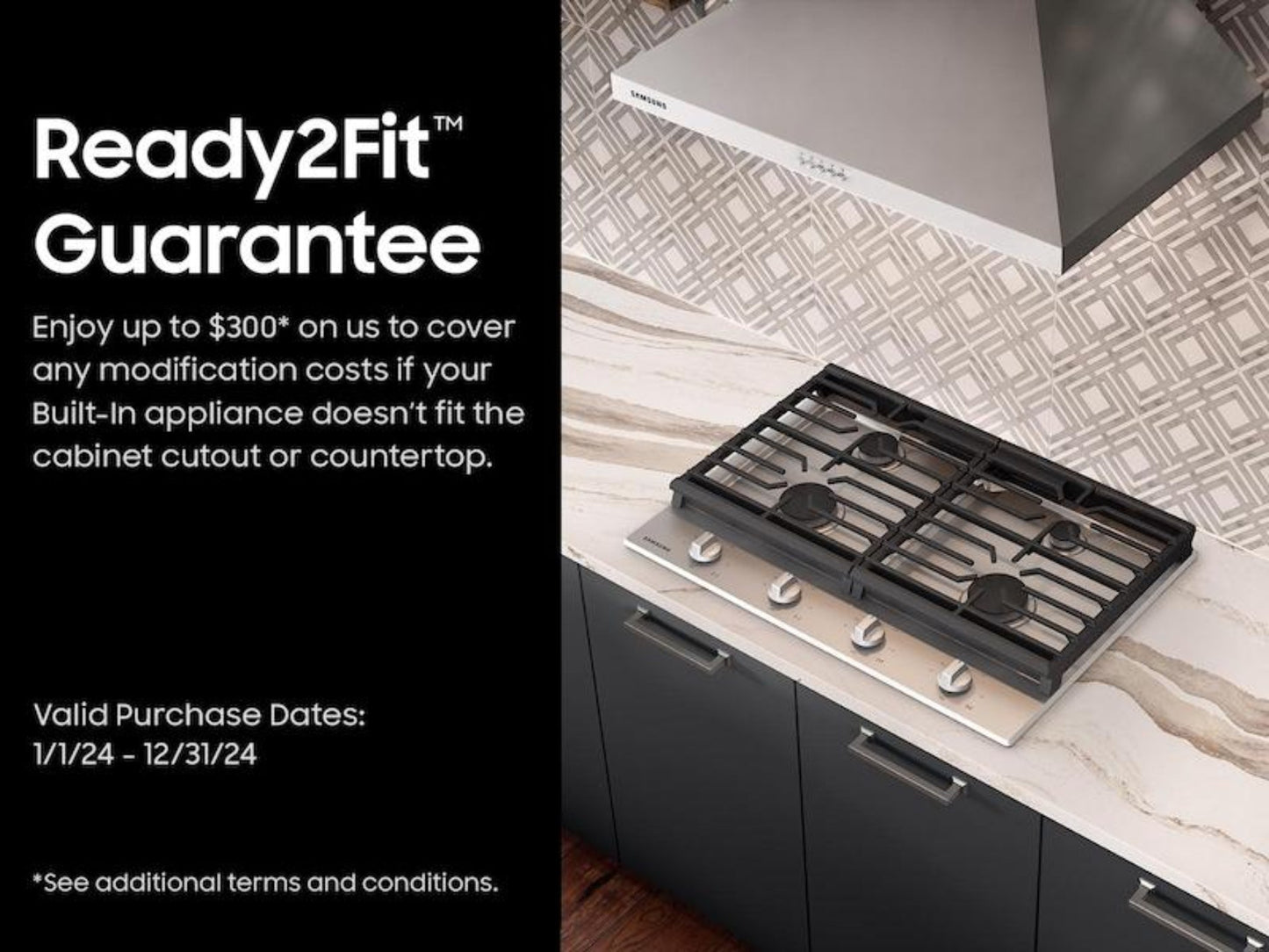 Samsung 30" Gas Cooktop w/ 4 Sealed Burners, Continuous Cast Iron Grates, Ready2Fit™, LP Conversion Kit, 45K BTU Output, ADA Compliant, Stainless Steel - NA30R5310FS-KT