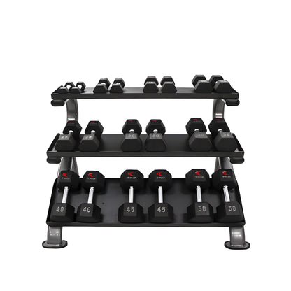 TKO Rubber Hex Dumbbell Set with 3-Tier Horizontal Rack - S890-SXRE15